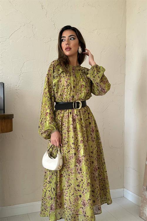 Wholesale Green Ruffled Chiffon Dress