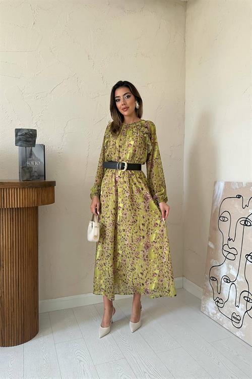 Wholesale Green Ruffled Chiffon Dress