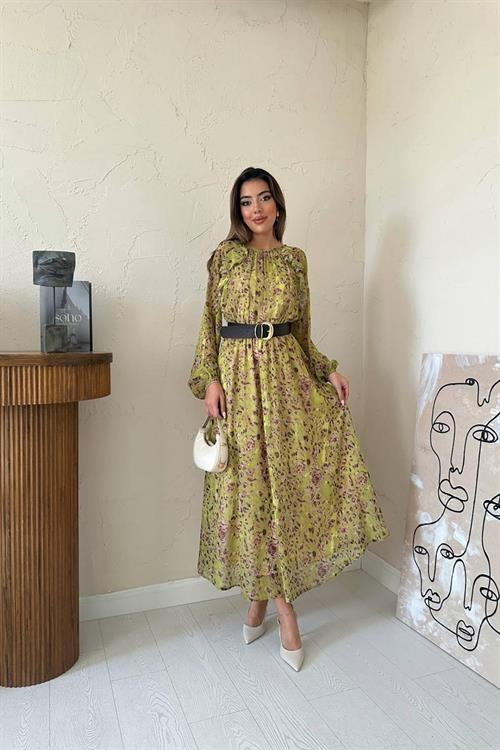 Wholesale Green Ruffled Chiffon Dress