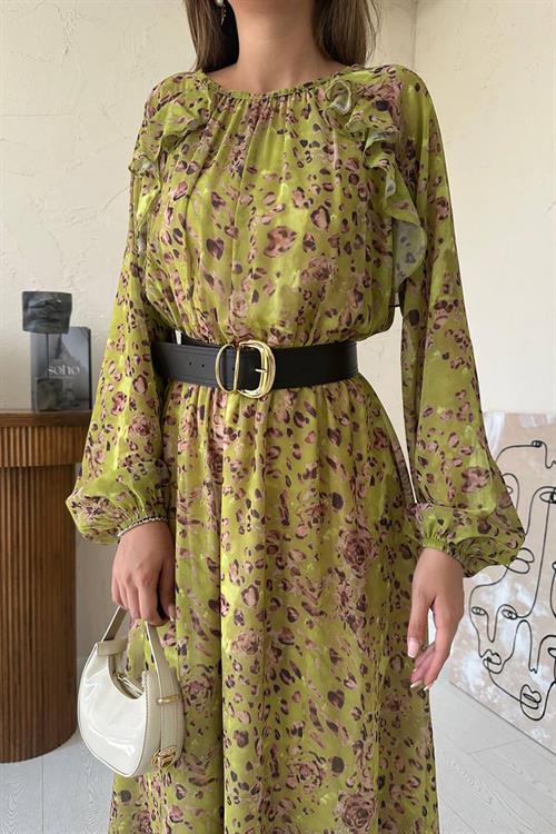 Wholesale Green Ruffled Chiffon Dress