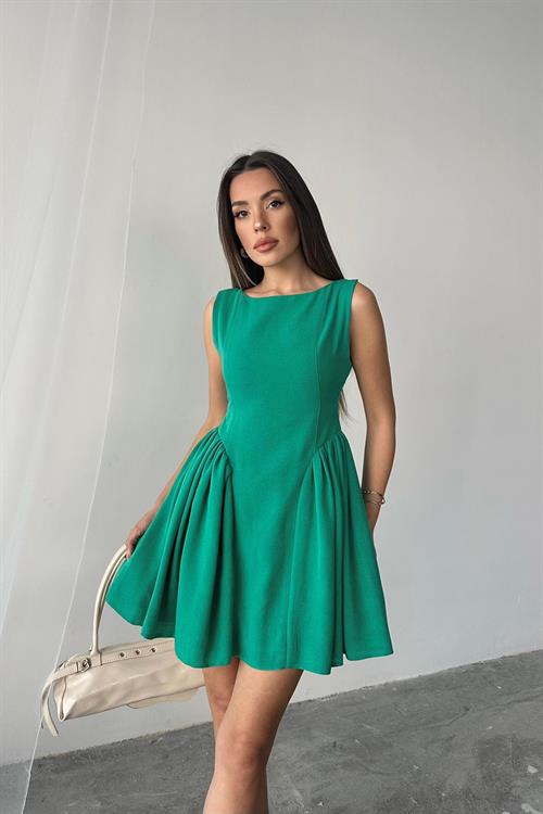 Toptan Yeşil Mini Boy Büzgülü Keten Elbise