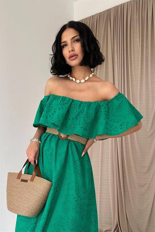 Toptan Yeşil Omzu Lastikli Brode Elbise