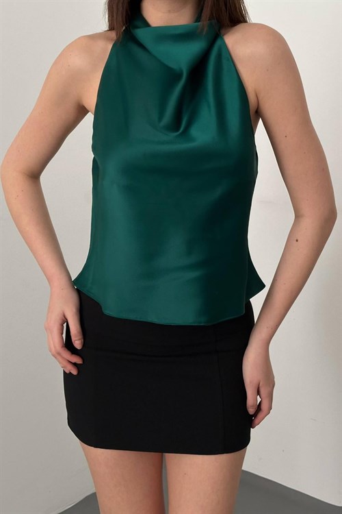 Toptan Zümrüt Degaje Saten Bluz
