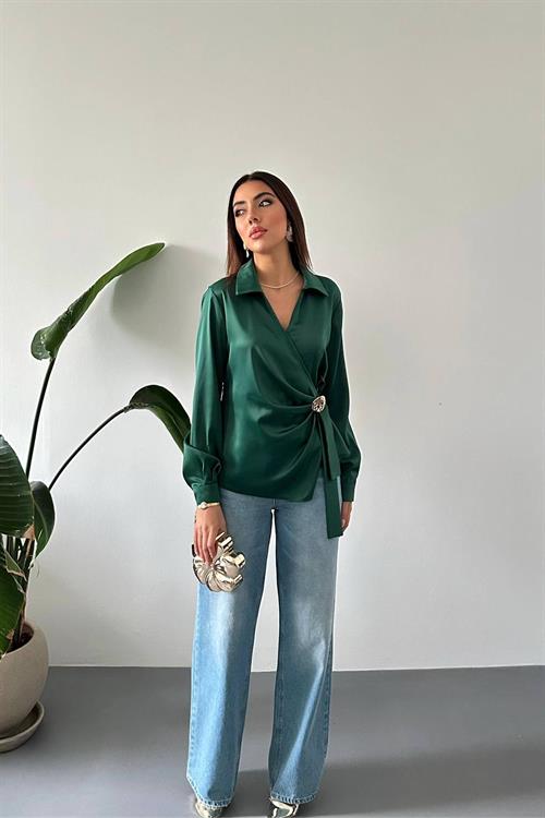 Wholesale Emerald Green Satin Blouse with Gold Accessory