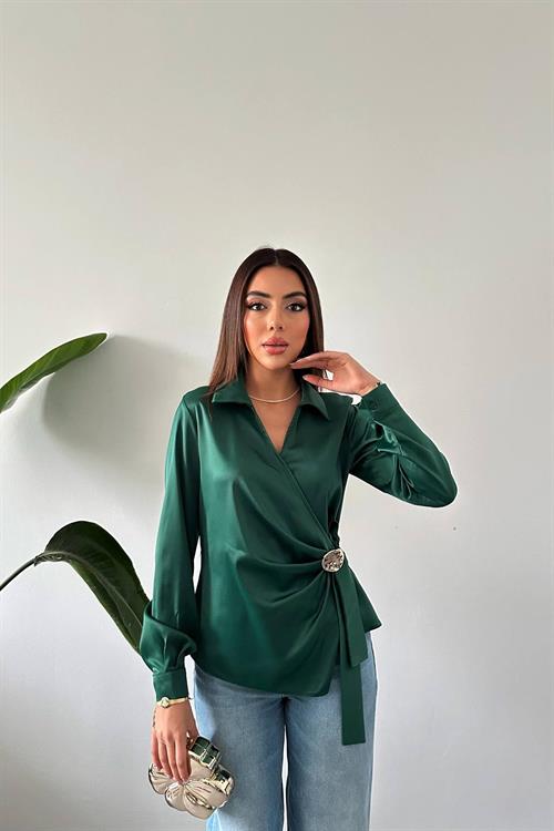 Wholesale Emerald Green Satin Blouse with Gold Accessory