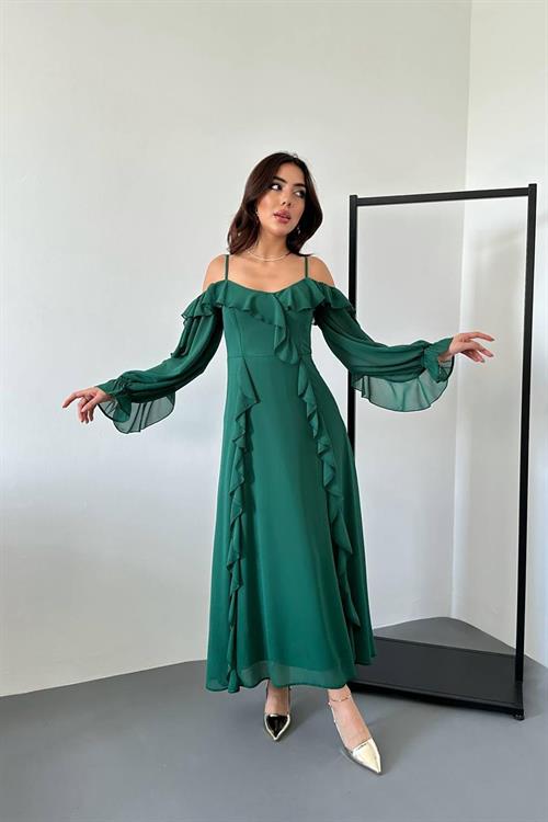 Wholesale Emerald Green Ruffled Chiffon Dress