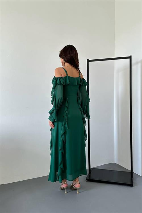 Wholesale Emerald Green Ruffled Chiffon Dress