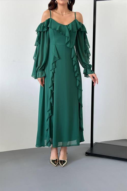 Wholesale Emerald Green Ruffled Chiffon Dress