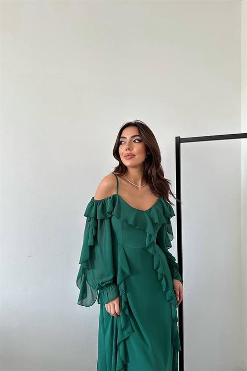 Wholesale Emerald Green Ruffled Chiffon Dress