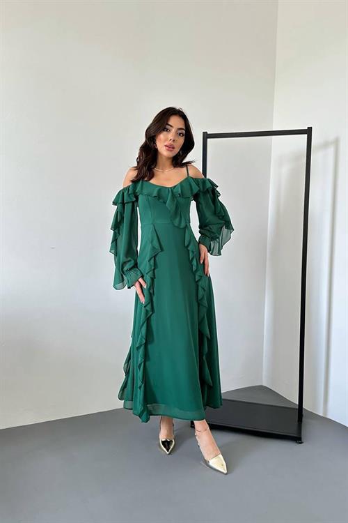 Wholesale Emerald Green Ruffled Chiffon Dress