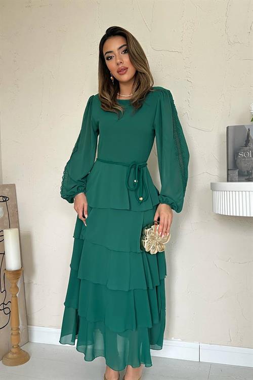 Wholesale Emerald Green Layered Chiffon Dress