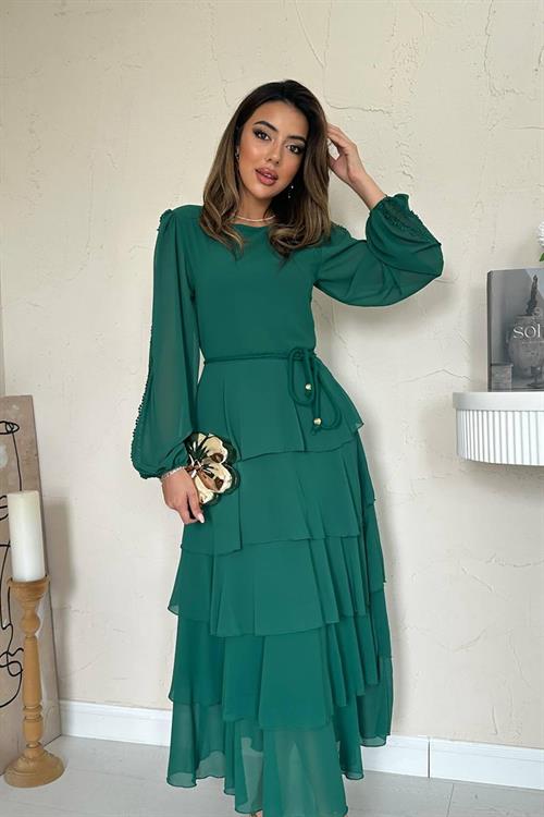 Wholesale Emerald Green Layered Chiffon Dress