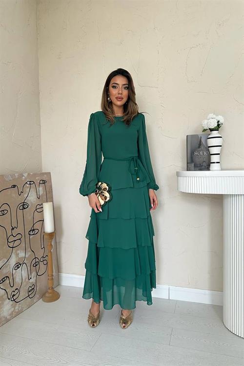 Wholesale Emerald Green Layered Chiffon Dress