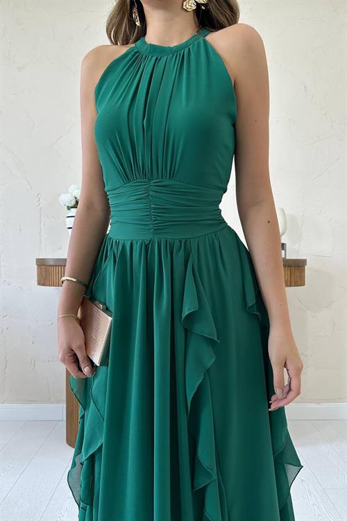 Wholesale Emerald Green Frilled Dress