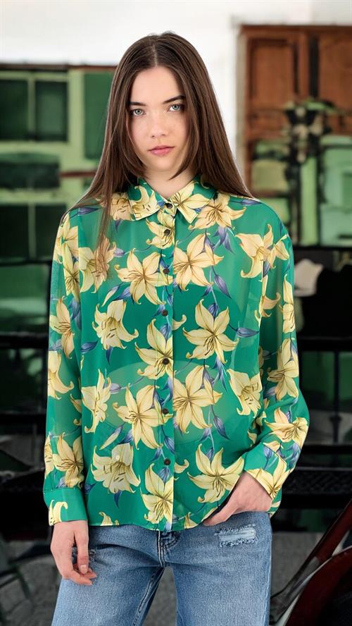 Tropical Flower Patterned Transparent Shirt