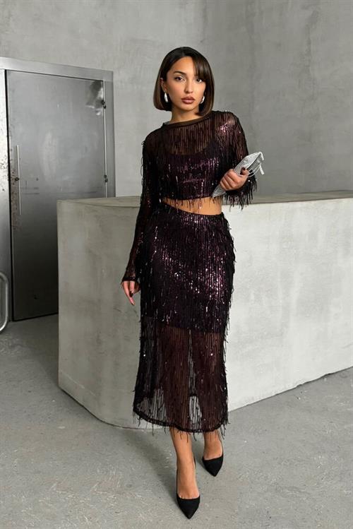 Feather Sequin Wholesale Skirt - Black Burgundy