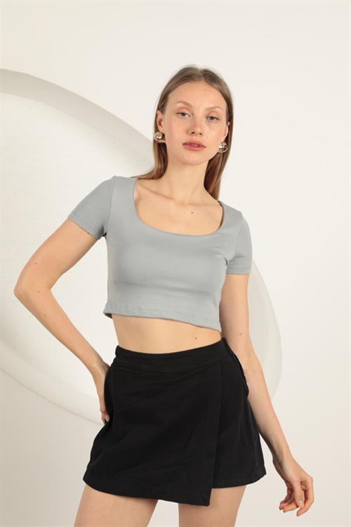 U Neck Blouse-Grey