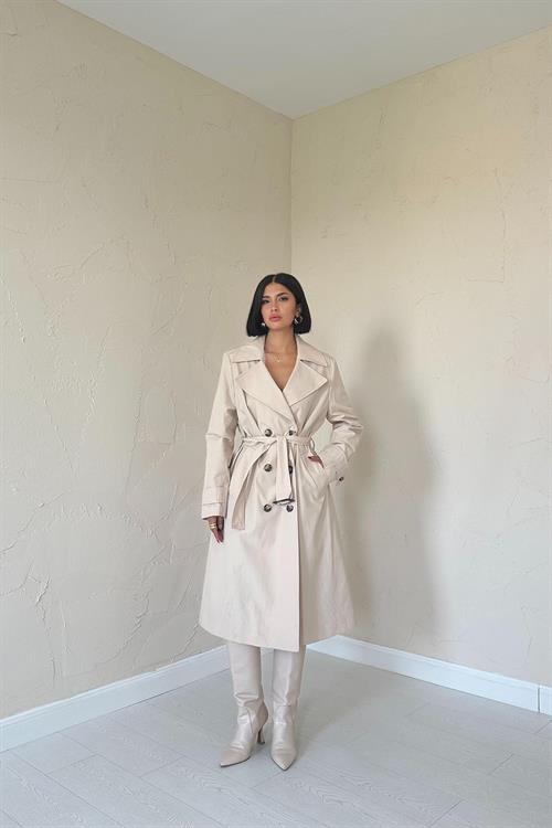 Wholesale Long Belt Trench Coat - Beige