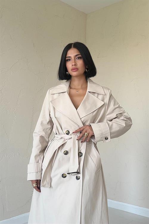 Wholesale Long Belt Trench Coat - Beige