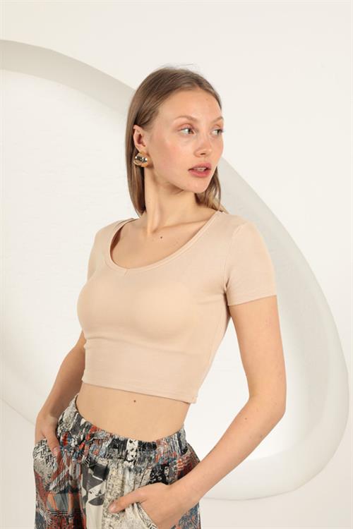 V Neck Basic T-Shirt-Beige