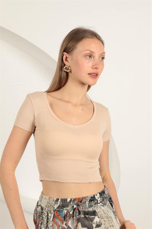 V Neck Basic T-Shirt-Beige