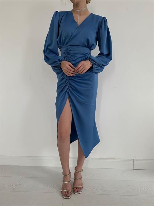 Wholesale Blue V-Neck Satin Dress