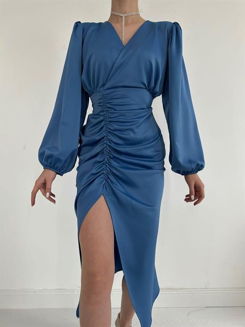 Wholesale Blue V-Neck Satin Dress