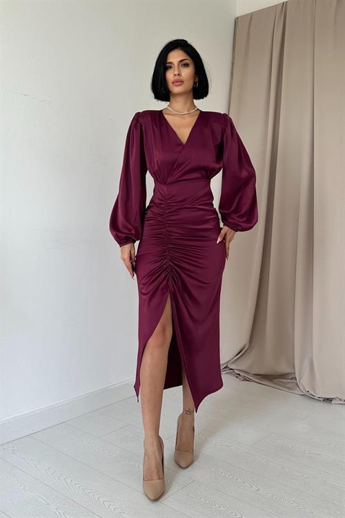 Wholesale Purple V-Neck Satin Dress