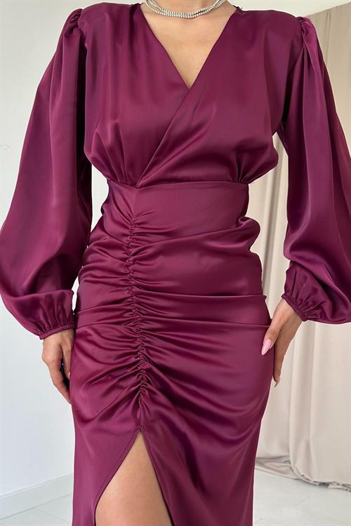 Wholesale Purple V-Neck Satin Dress