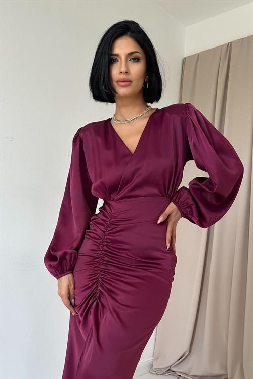 Wholesale Purple V-Neck Satin Dress