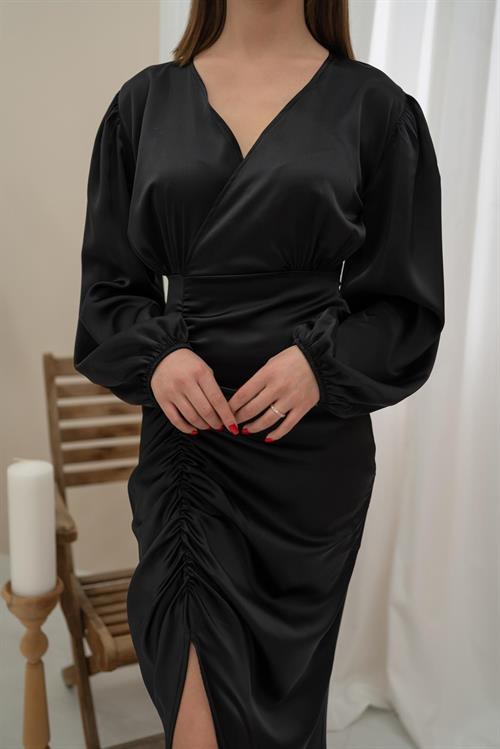 Wholesale Black V-Neck Satin Dress