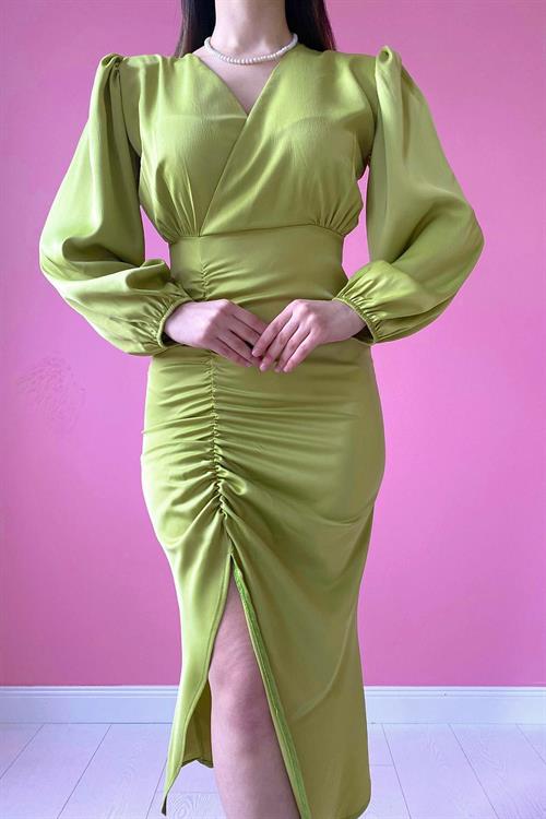 Wholesale Oil Green V-Neck Satin Dress