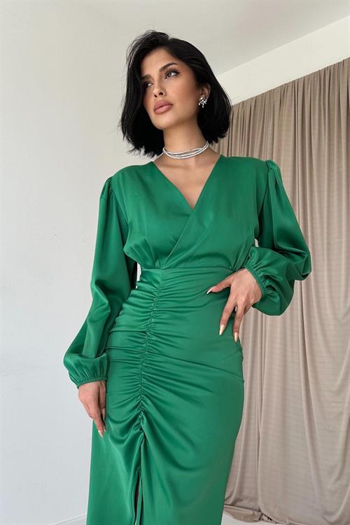 Wholesale Green V-Neck Satin Dress