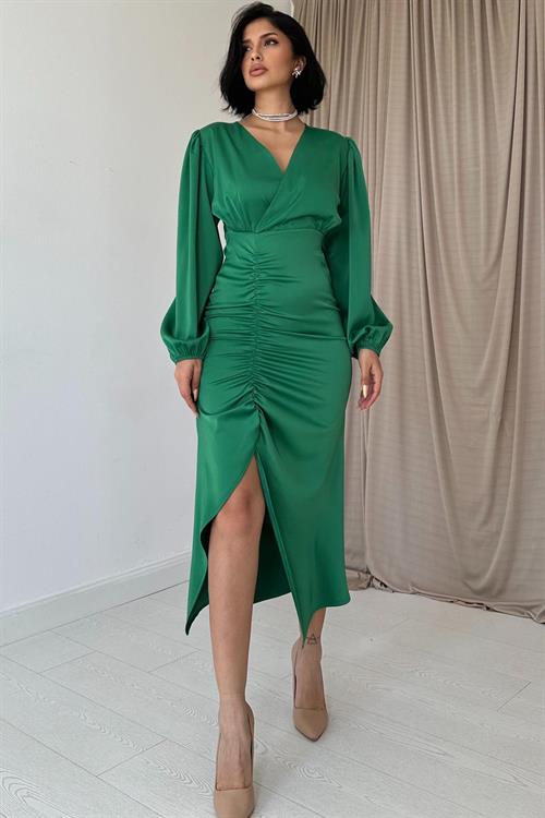 Wholesale Green V-Neck Satin Dress