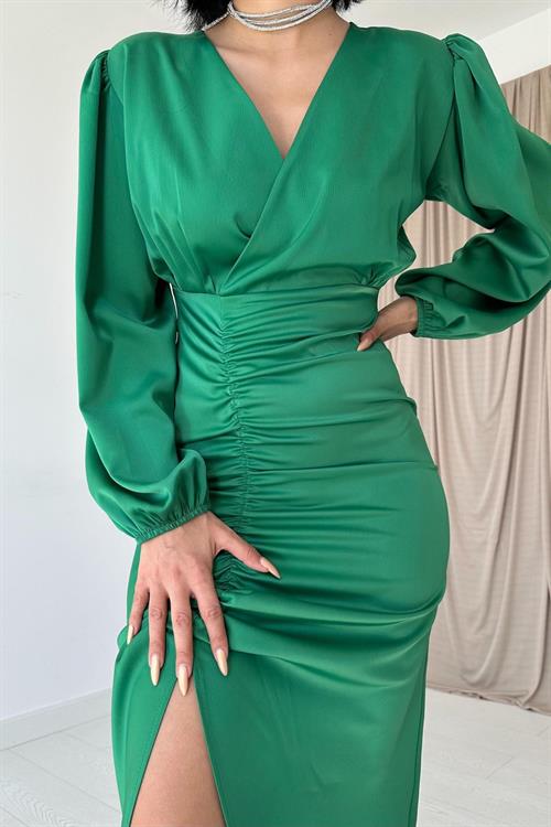 Wholesale Green V-Neck Satin Dress