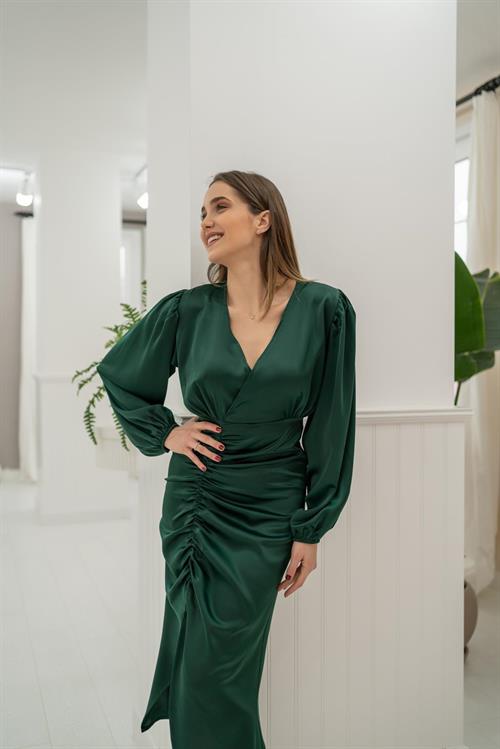 Wholesale Emerald Green V-Neck Satin Dress