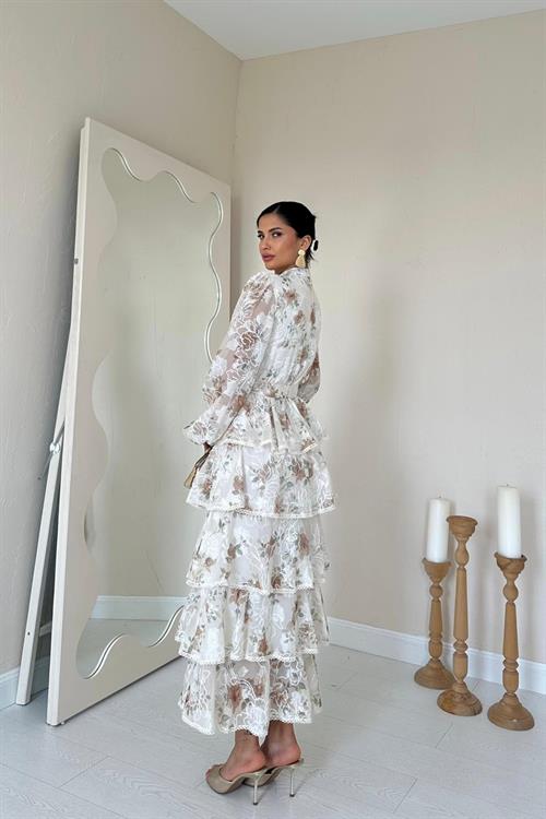 Toptan Vizon Valonlu Şeritli Kat Kat Elbise