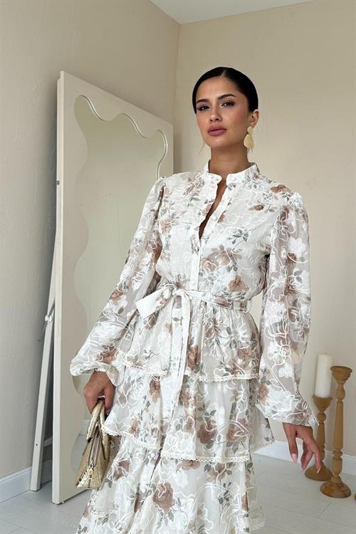 Toptan Vizon Valonlu Şeritli Kat Kat Elbise