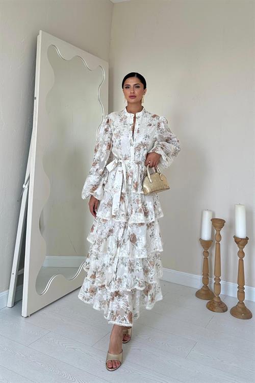 Toptan Vizon Valonlu Şeritli Kat Kat Elbise