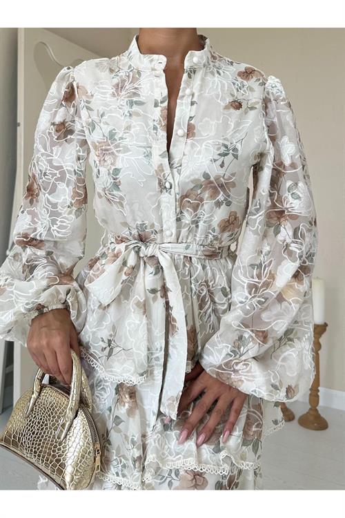 Toptan Vizon Valonlu Şeritli Kat Kat Elbise