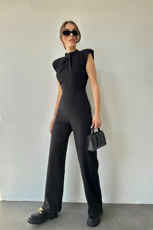 Wholesale Wadded Sheer Neck Jumpsuit - Black