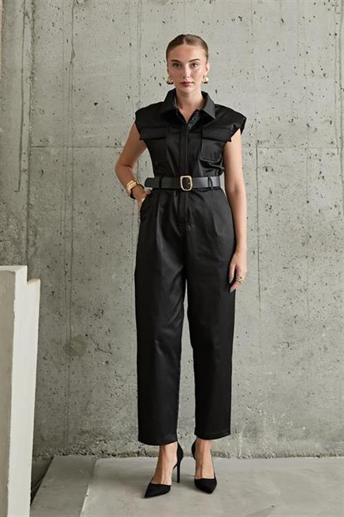 Wholesale Wadded Belt Jumpsuit - Black