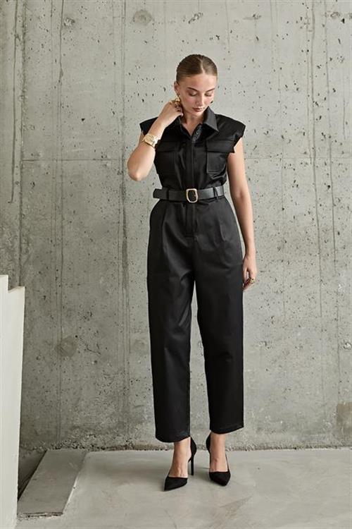 Wholesale Wadded Belt Jumpsuit - Black