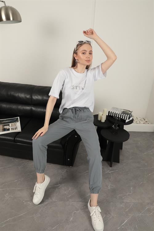 Kadın Elastik Paça Pantolon-Gri