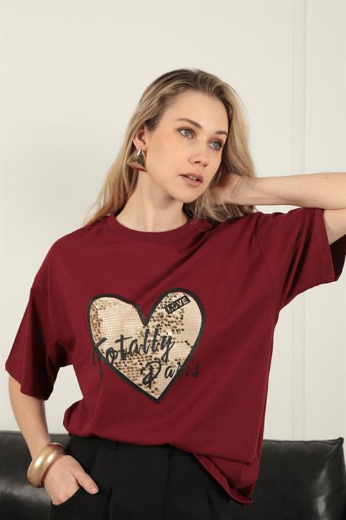 Womens T-Shirt with Sequin Detail-Burgundy