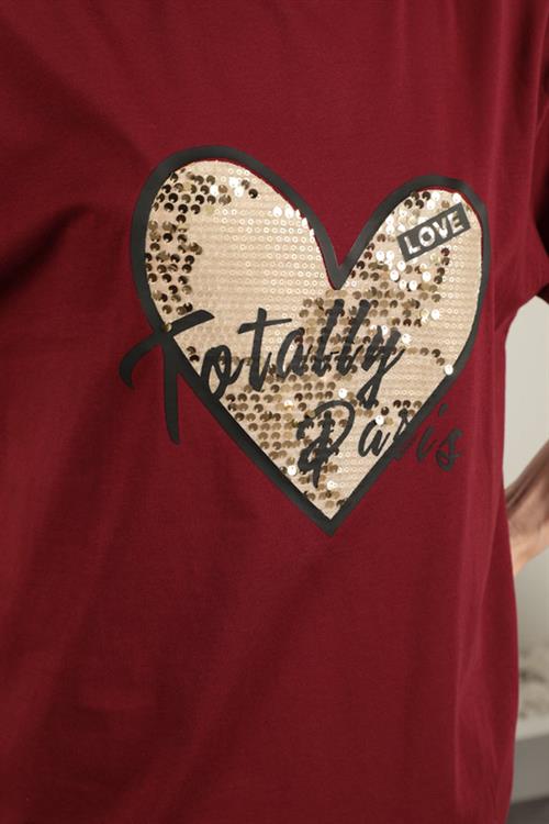 Womens T-Shirt with Sequin Detail-Burgundy