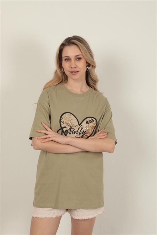 Womens T-Shirt with Sequin Detail-Khaki