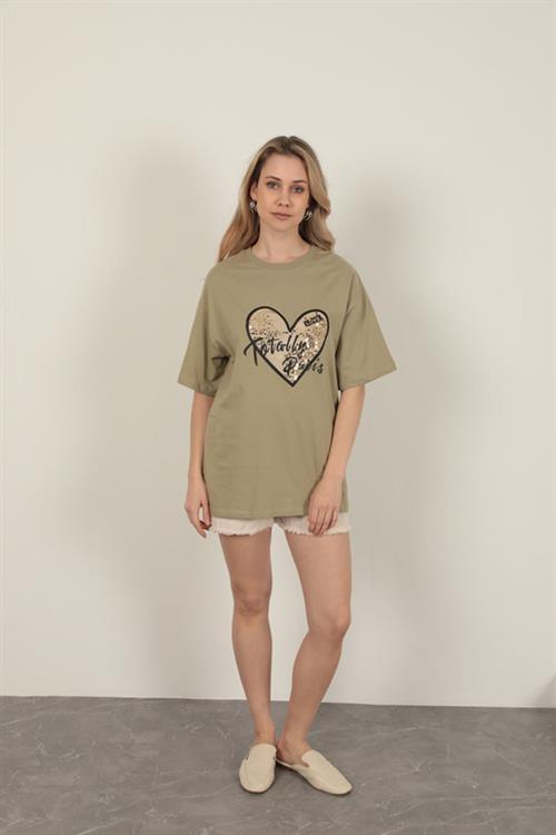 Womens T-Shirt with Sequin Detail-Khaki