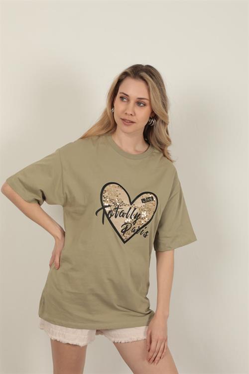 Womens T-Shirt with Sequin Detail-Khaki