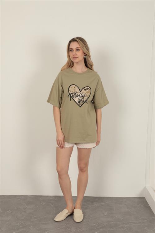 Womens T-Shirt with Sequin Detail-Khaki